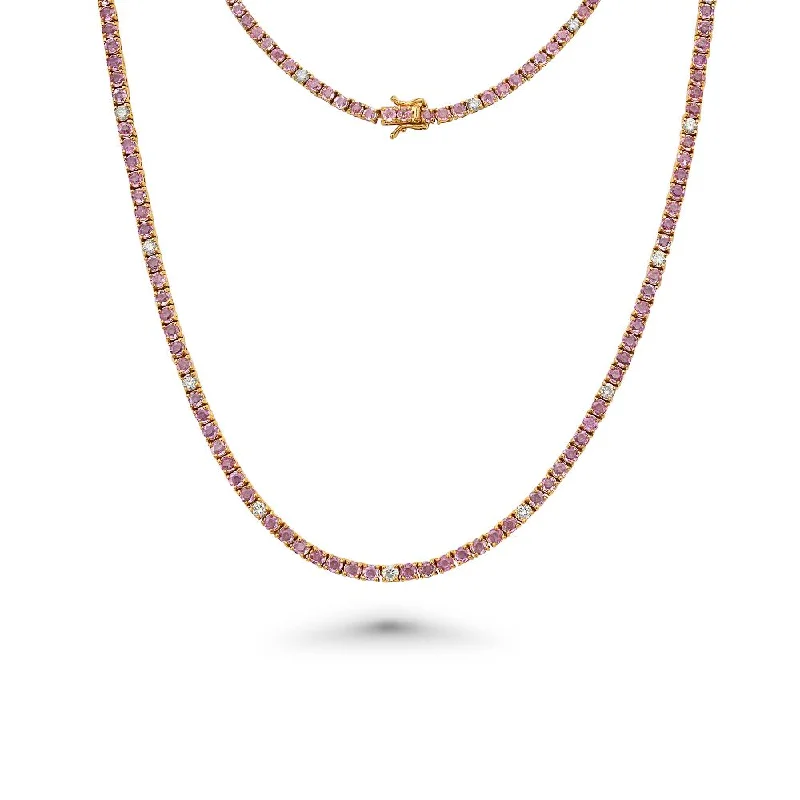 Women’s silver necklaces-Alternate Diamonds & Pink Sapphire Tennis Necklace ( 12.50 ct.) 3 mm 4-Prongs Setting in 14K Gold