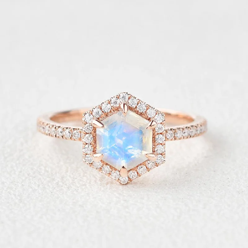 Women’s chic rings-Hexagon Moonstone & Moissantie Halo Ring