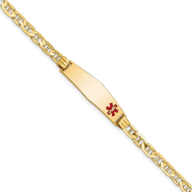 Women’s stacking bangles-14k Yellow Gold 7.5mm Medical Soft Diamond Shape Red Enamel Anchor Link ID Bracelet, 7"