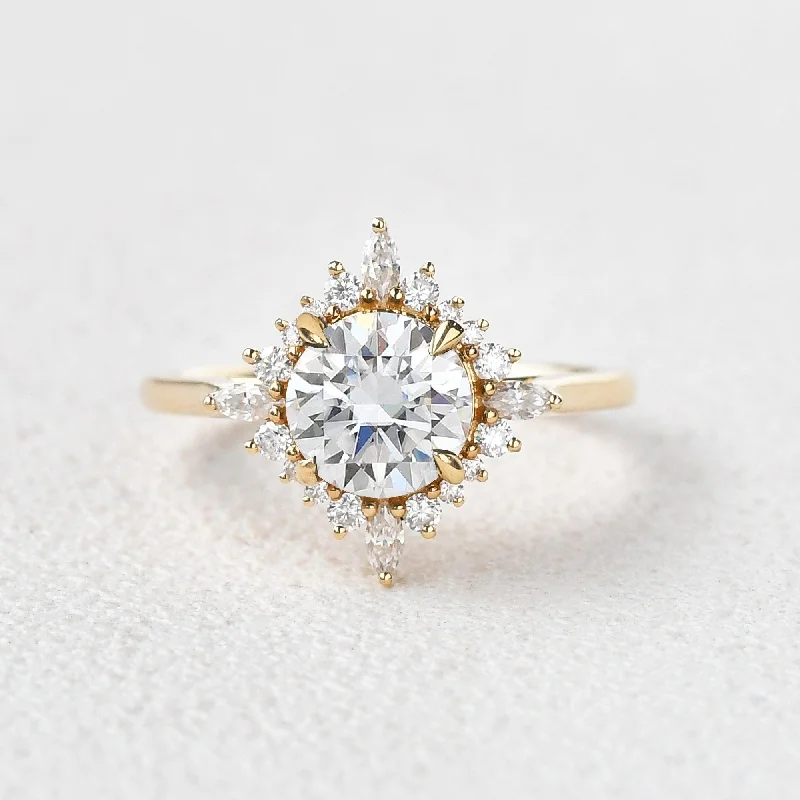 Women’s handmade gemstone rings-Round Cut Moissanite Floral Inspired Yellow Gold Ring