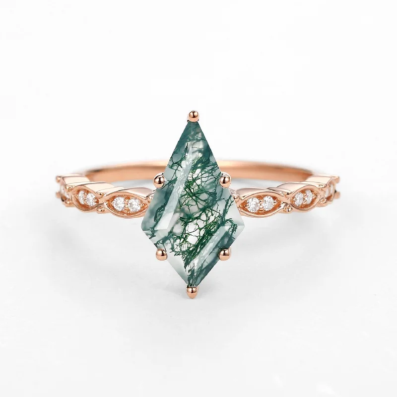 Women’s geometric rings-Kite Cut Moss Agate Rose Gold Ring