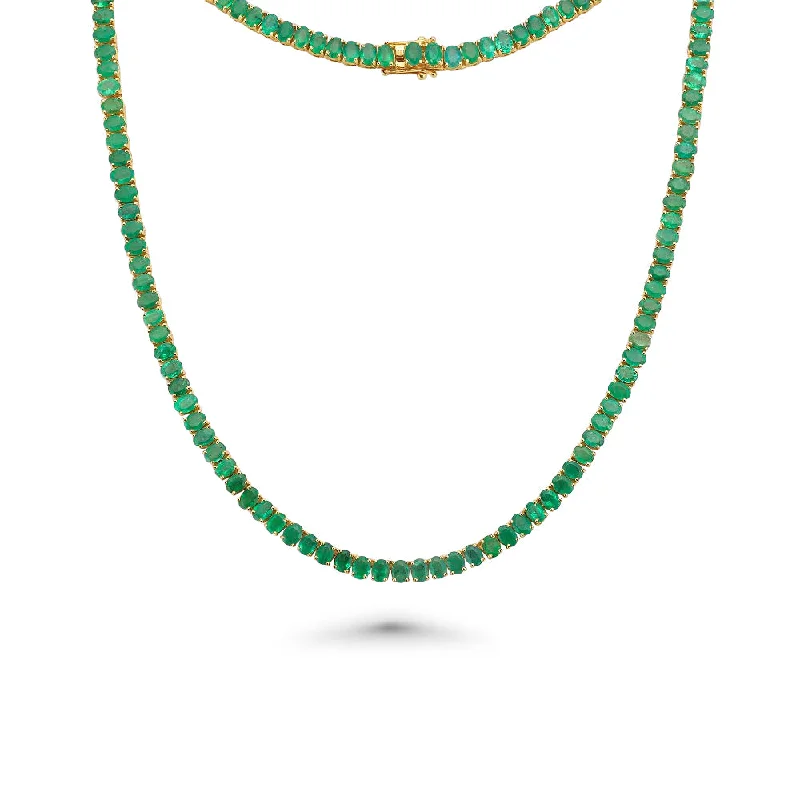 Women’s men’s style necklaces-Oval Shape Emerald Tennis Necklace ( 19.00 ct.) 4-Prongs Setting in 14K Gold