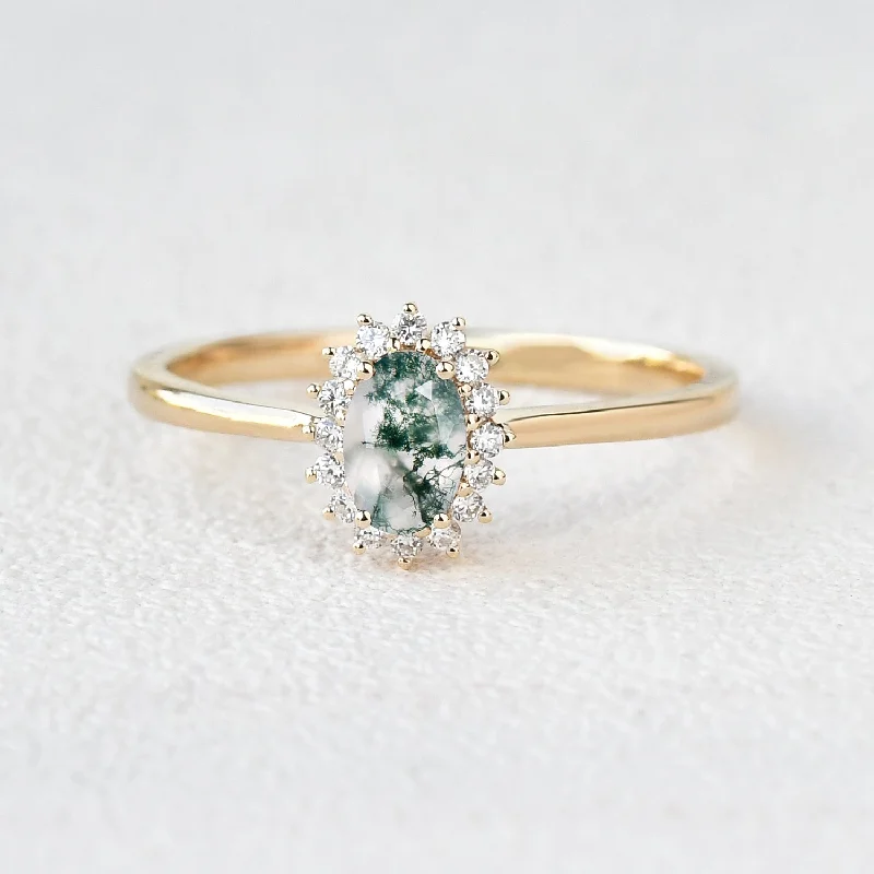 Women’s vintage diamond rings-Oval Moss Agate & Moissanite White Gold Ring