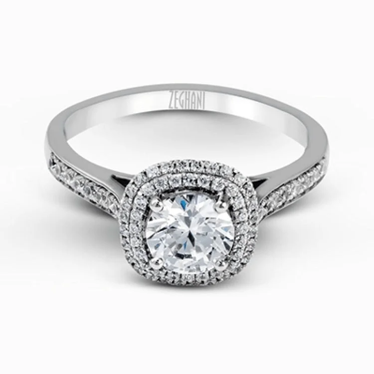 Women’s stacked engagement rings-Showcasing a dazzling halo, this contemporary white gold wedding set is highlighted by .45 ctw of arresting round cut white diamonds.