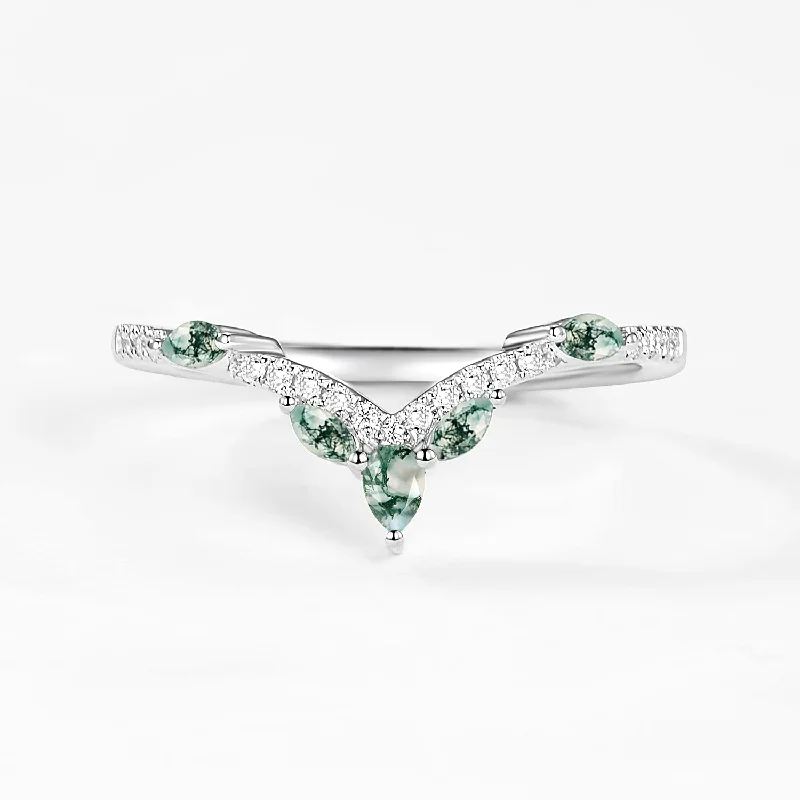 Women’s adjustable diamond rings-Curved Marquise Moissanite & Moss Agate White Gold Ring