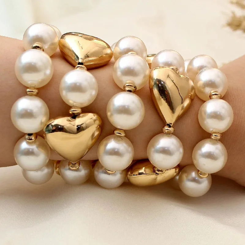 Women’s gemstone bracelets-TFC Bold Heart Pearls Gold Plated Stacked Bracelet (Set of 5)