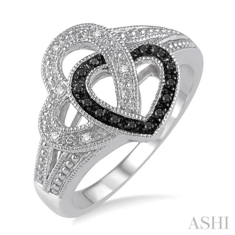 Women’s cushion halo engagement rings-1/10 Ctw White and Black Diamond Heart Shape Ring in Sterling Silver