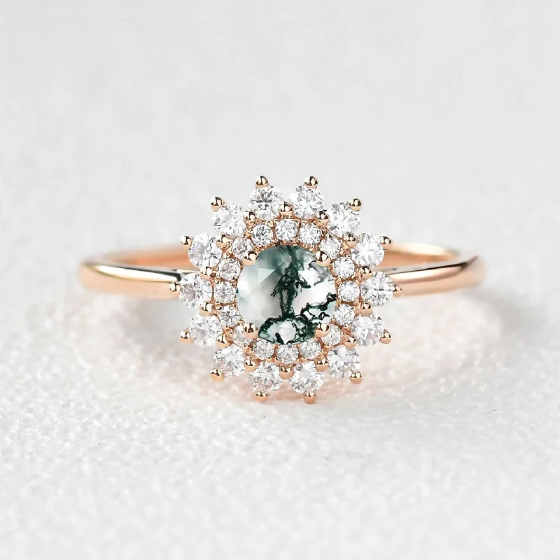 Women’s statement pearl rings-Flower Round Cut Moss Agate Rose Gold Ring