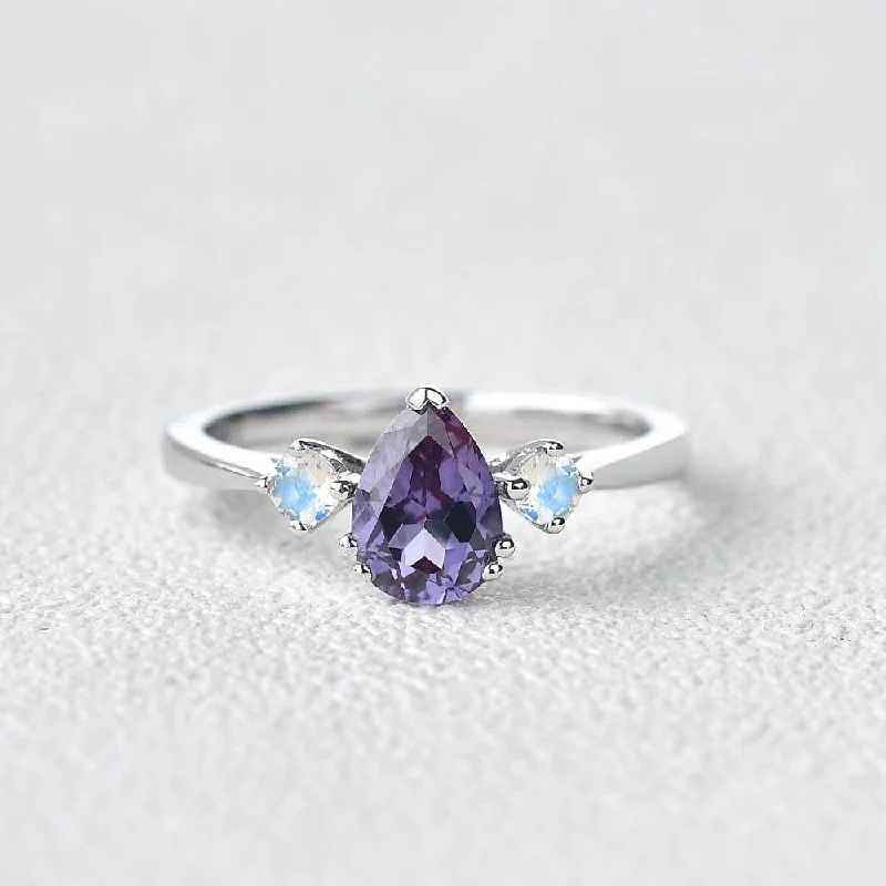 Women’s custom-designed rings-Lab Alexandrite & Moonstone White Gold Ring