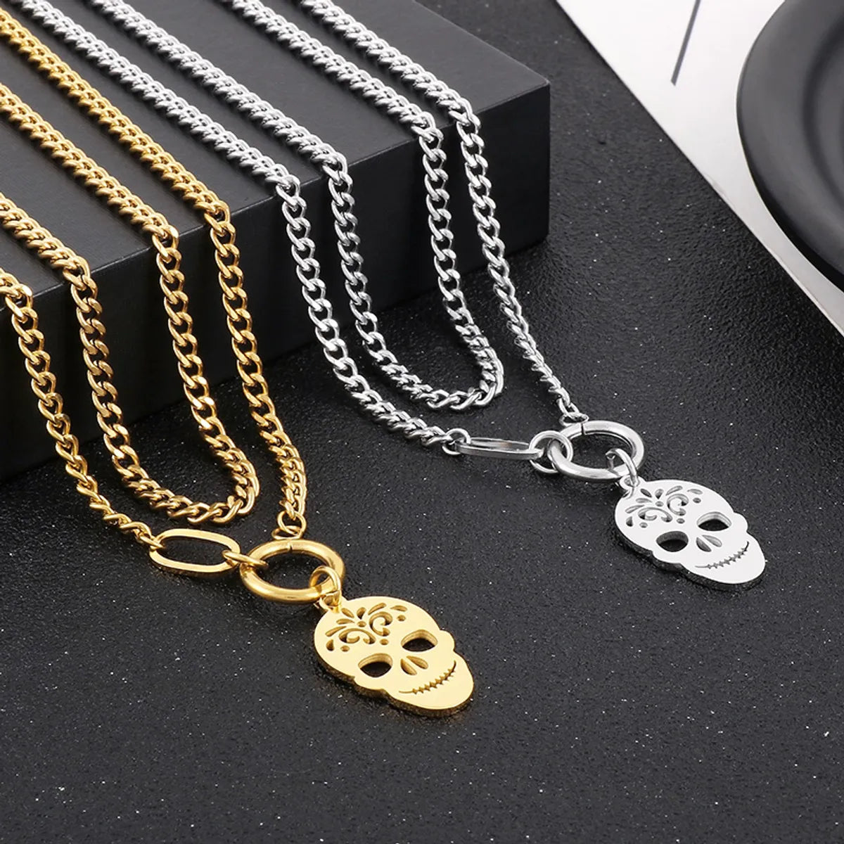 Women’s sterling silver gemstone necklaces-Stainless Steel Hip-Hop Simple Style Skull Hollow Out Double Layer Necklaces