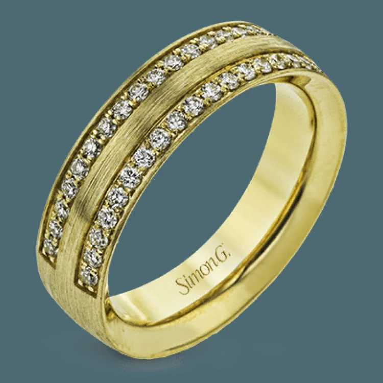 Women’s rose gold engagement rings-This two-tone 14k wedding band is a stunner with two rows of .50 ctw of white diamond set in rose gold along the outside, and 14k white gold on the interior.