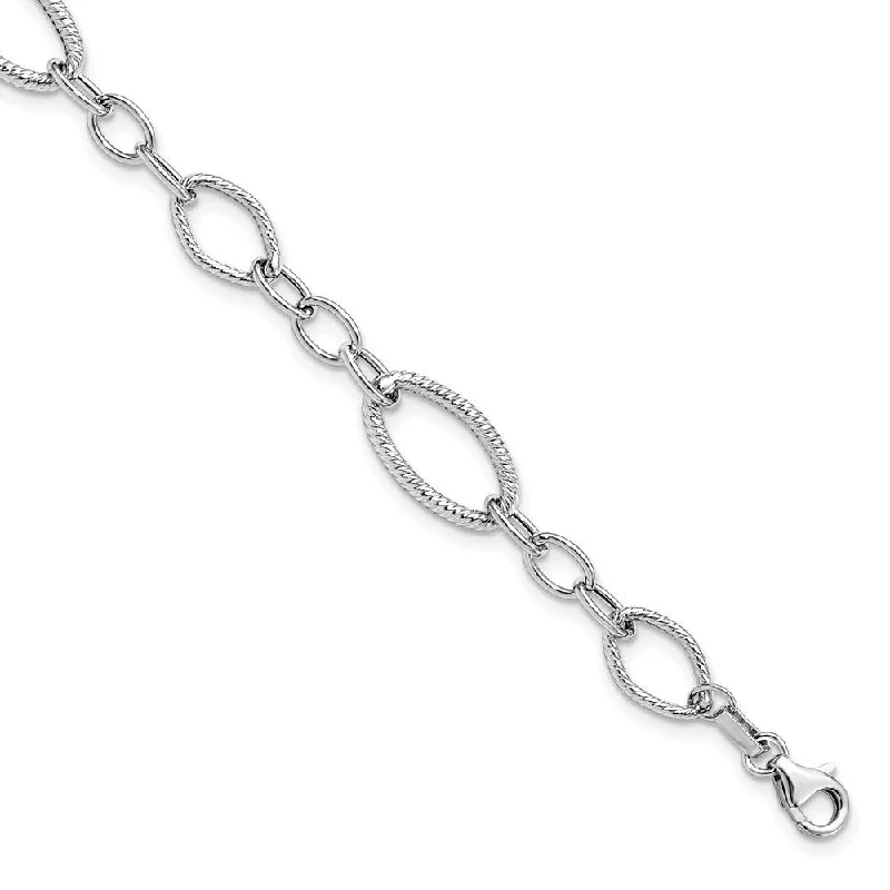 Women’s sterling silver bracelets-14k White Gold 9mm and Textured Link Bracelet, 7.5"