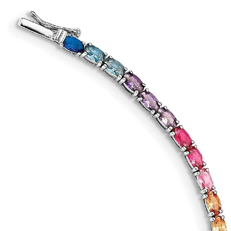 Women’s cuff bangles-925 Sterling Silver Rhodium-plated Oval Colorful Cubic Zirconia Tennis Bracelet, 7.5"