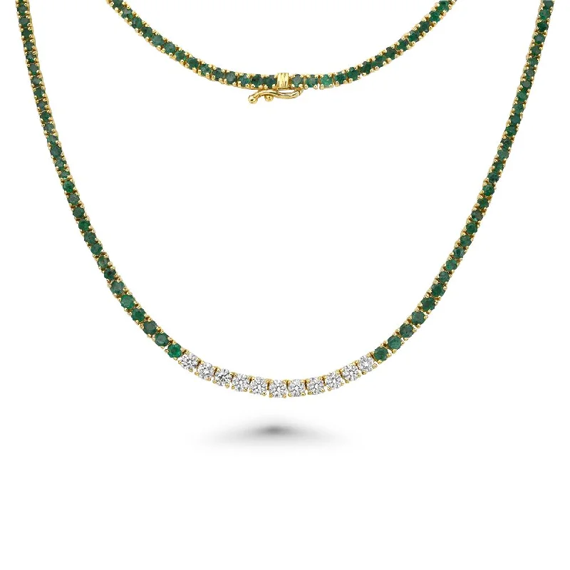 Women’s stacked necklaces-Graduated Emerald & Diamond Tennis Necklace (7.65 ct.) 4-Prongs Setting in 14K Gold