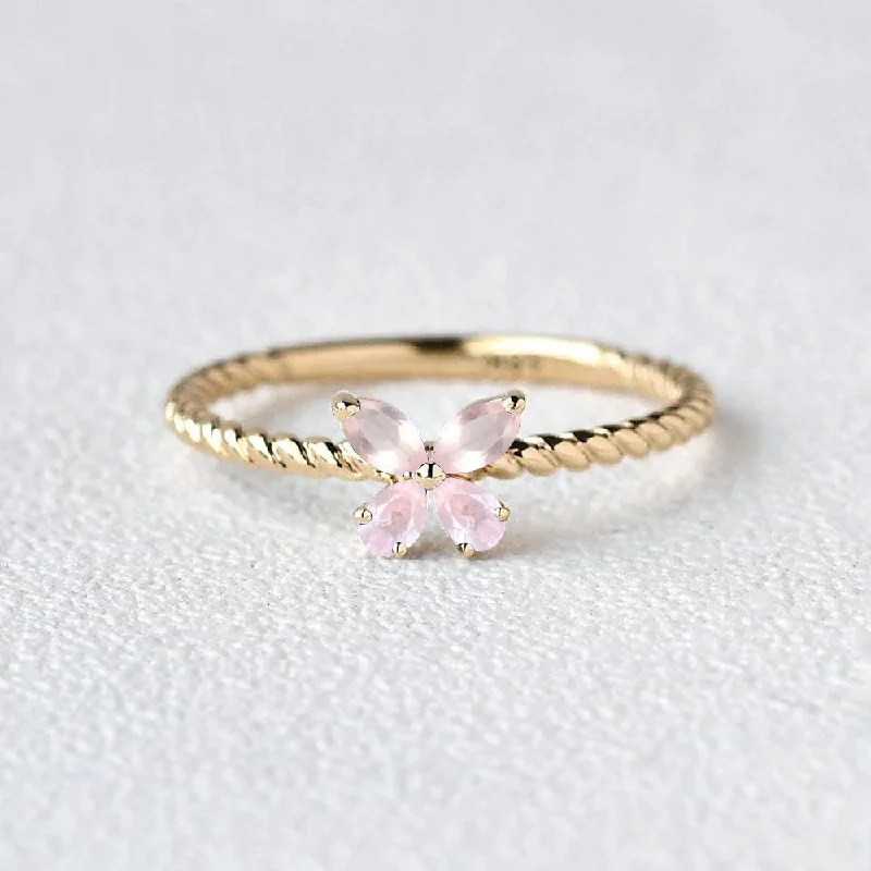 Women’s adjustable diamond rings-Fairy Ring - Rose Quartz Butterfly Gold Ring