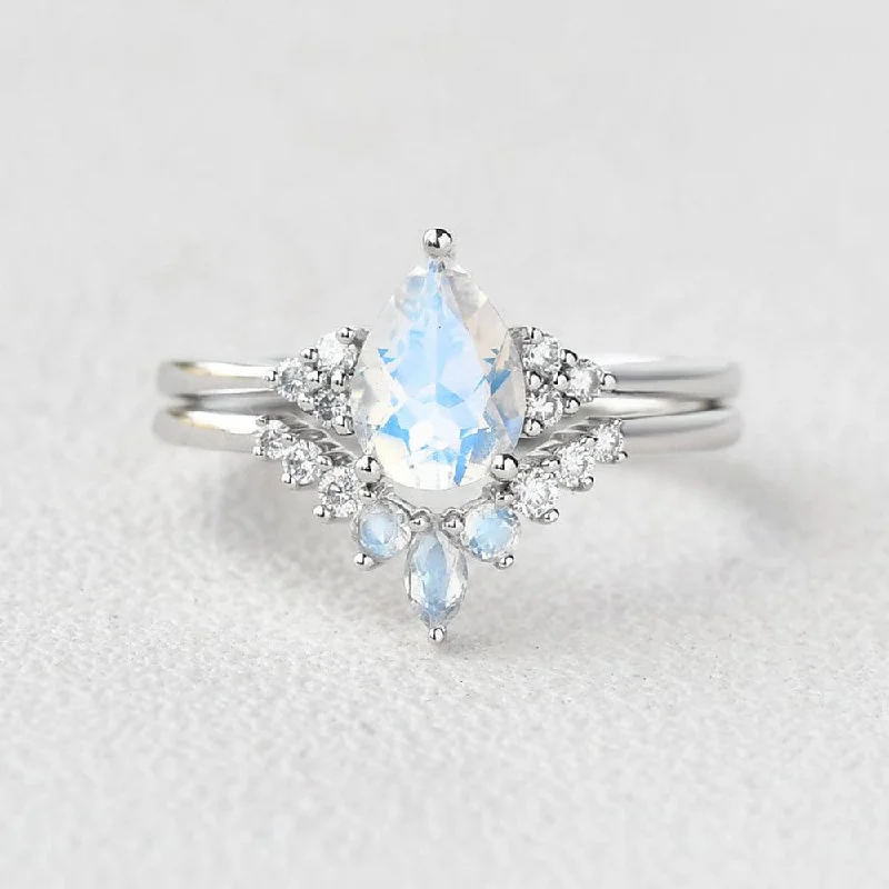 Women’s oval cut rings-Pear Shaped Moonstone Vintage Inspired Ring Set 2pcs