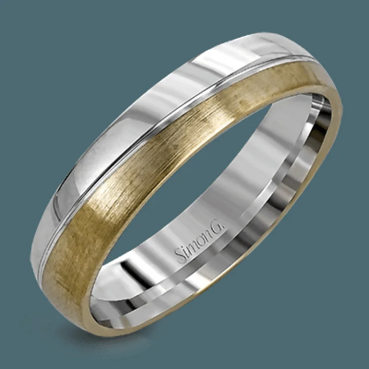 Women’s engagement rings with side diamonds-Reflecting a modern design, this two-tone men's wedding band features a sleek ribbon of white gold surrounded by two columns of brushed rose and white gold.