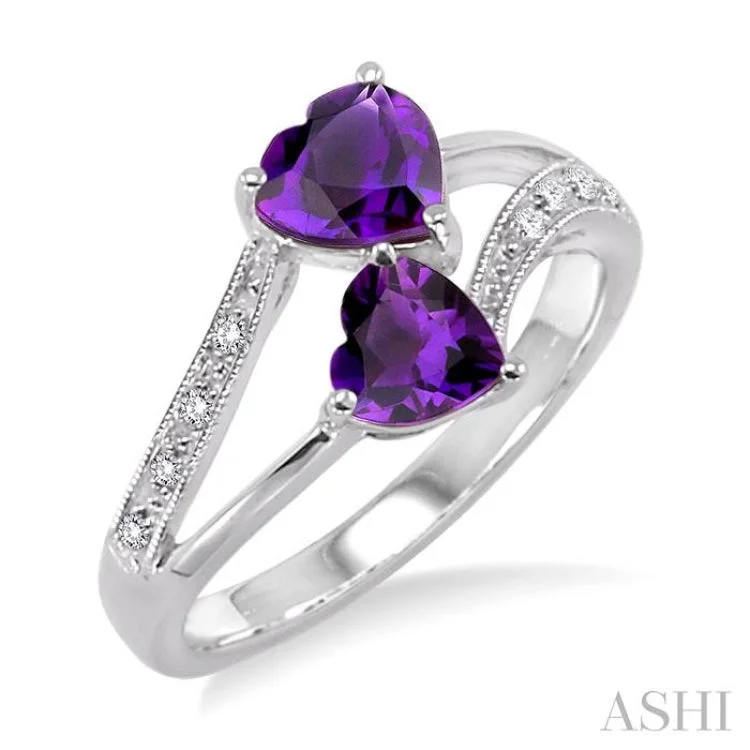 Women’s round solitaire engagement rings-5 & 6MM Heart Shape Amethyst and 1/20 Ctw Round Cut Diamond Ring in 14K White Gold