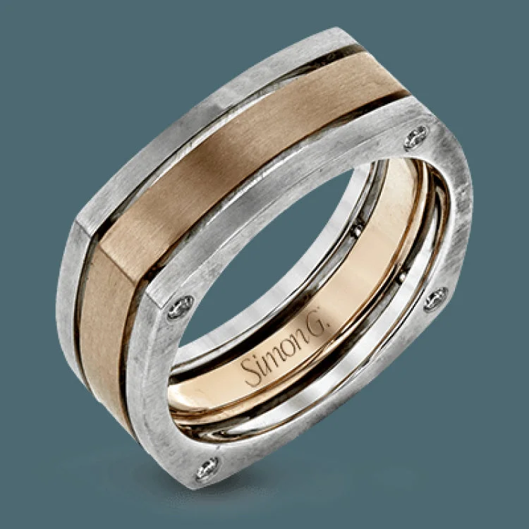 Women’s elegant engagement rings-A center band of 14k white gold is surrounded by 14k yellow gold edging in this modern style of men's wedding band.