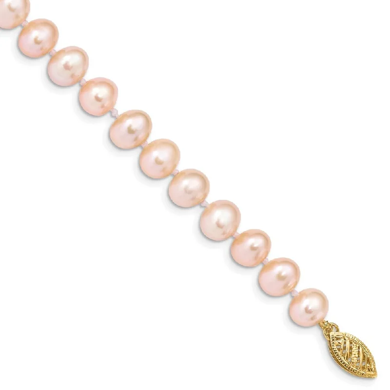 Women’s infinity bangles-14k Yellow Gold 7-8mm Pink Near Round Freshwater Cultured Pearl Bracelet, 7.5"