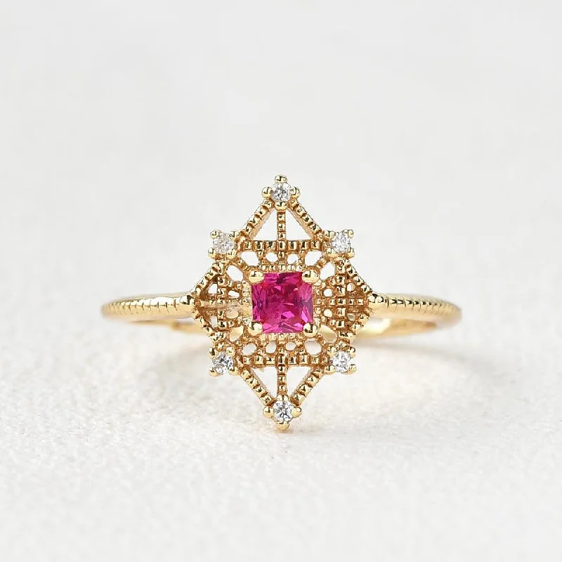 Women’s ruby rings-Art-Deco Lab Ruby & Moissanite Yellow Gold Ring