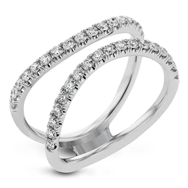 Women’s moissanite solitaire engagement rings-This distinctive bridal set design features a double-layer wedding band that fits around the engagement ring. The set contains .77 ctw of white diamonds.