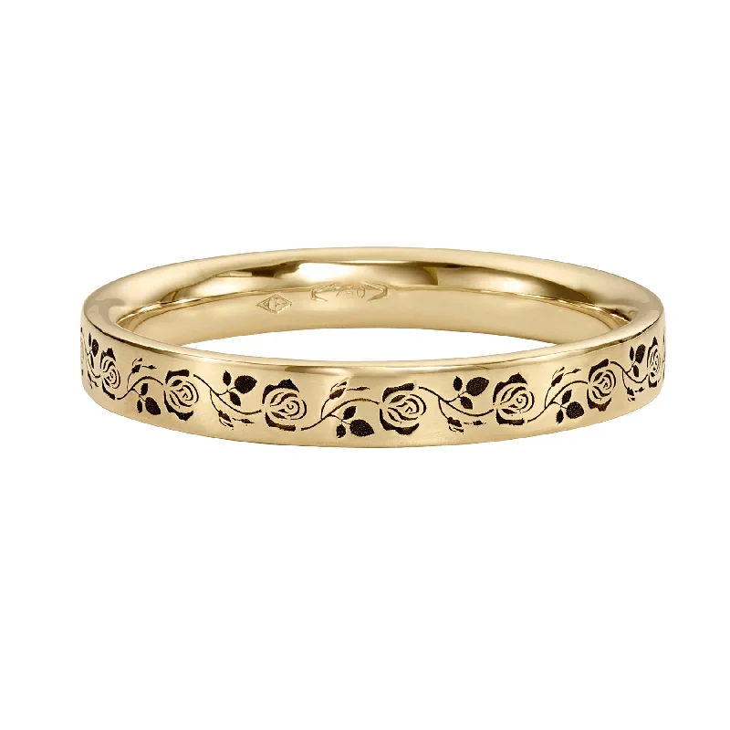 Women’s fashion rings-Black Rose Engraved Full Eternity Gold Wedding Band