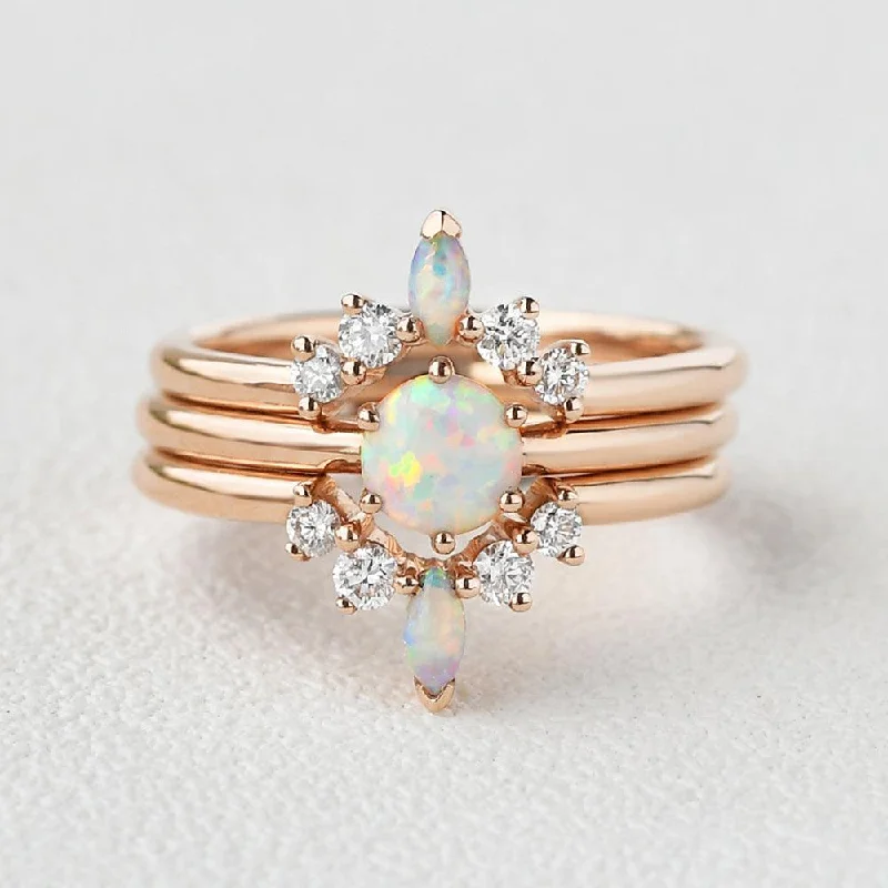 Women’s anniversary diamond rings-Natural Opal & Moissanite Vintage Inspired Ring Set 3pcs