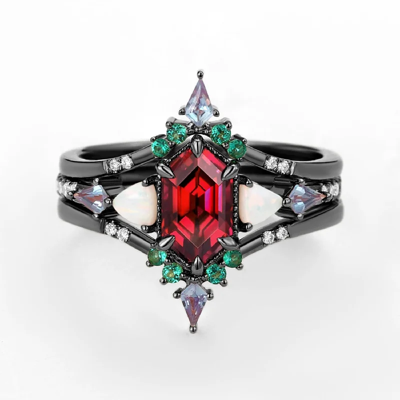 Women’s large gemstone cocktail rings-Black Gold Long Hexagon Moss Agate & Opal & Alexandrite & Emerald Ring Set 3pcs - Max