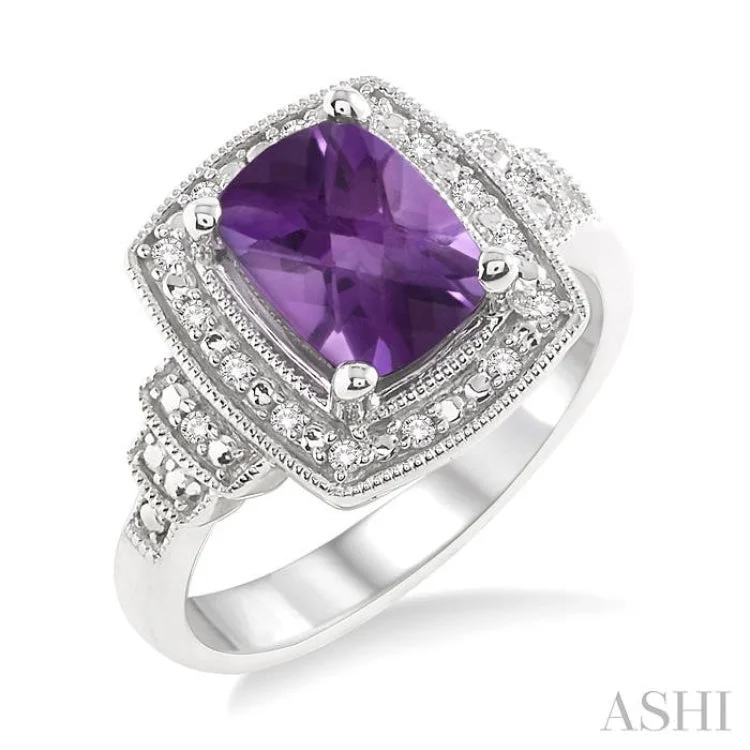 Women’s wedding engagement rings-9x7MM Cushion Cut Amethyst and 1/10 Ctw Single Cut Diamond Ring in Sterling Silver