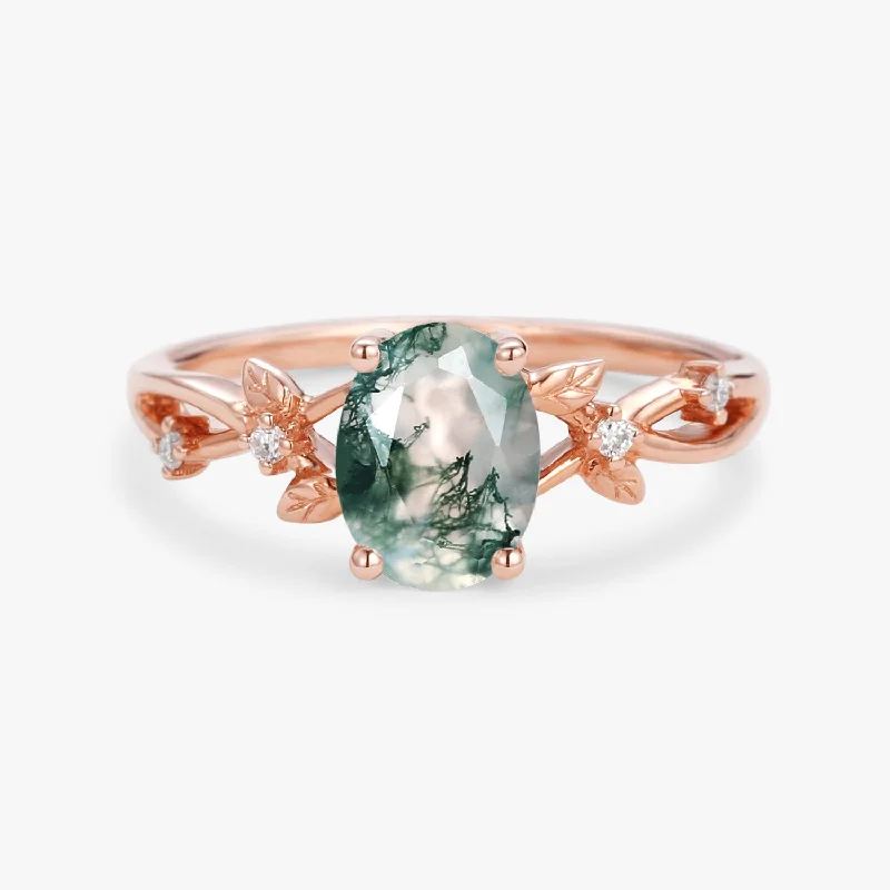 Women’s handmade gemstone rings-1.5ct Oval Cut Moss Agate Leafy White Gold Ring