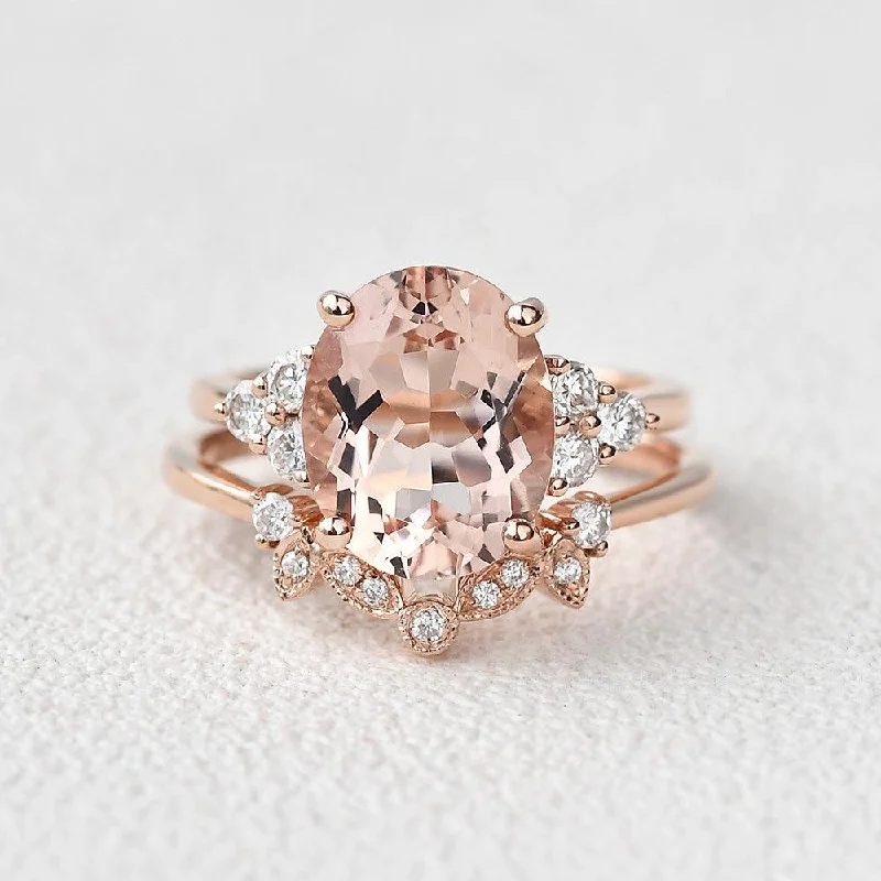 Women’s romantic diamond rings-4.75ct Oval Cut Peachy Morganite Rose Gold Ring Set 2pcs