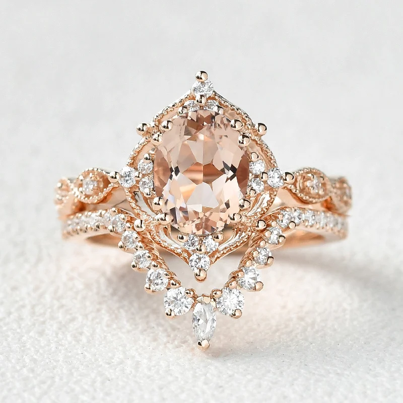 Women’s custom wedding rings-1.5ct Morganite Vintage Inspired Chevron Ring Set 2pcs