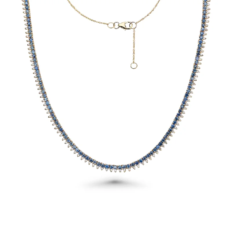 Women’s geometric necklaces-Blue Sapphire & Diamond Halfway Tennis Choker Necklace (6.60 ct.) in 14K Gold