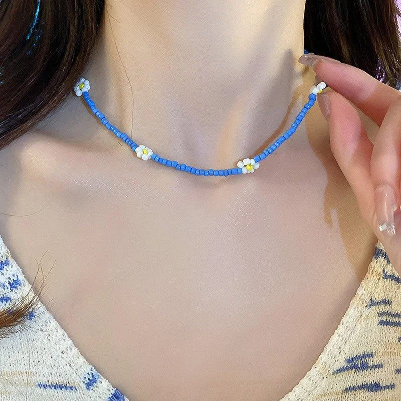 4 Blue Bead Flower Necklace