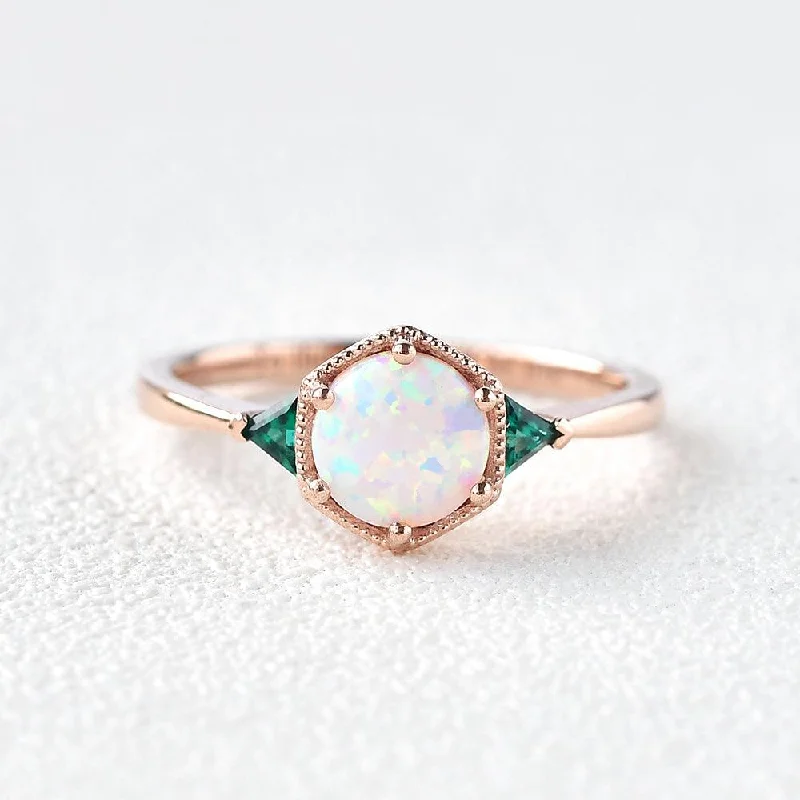 Women’s fashion rings-Lab Opal & Emerald Rose Gold Ring