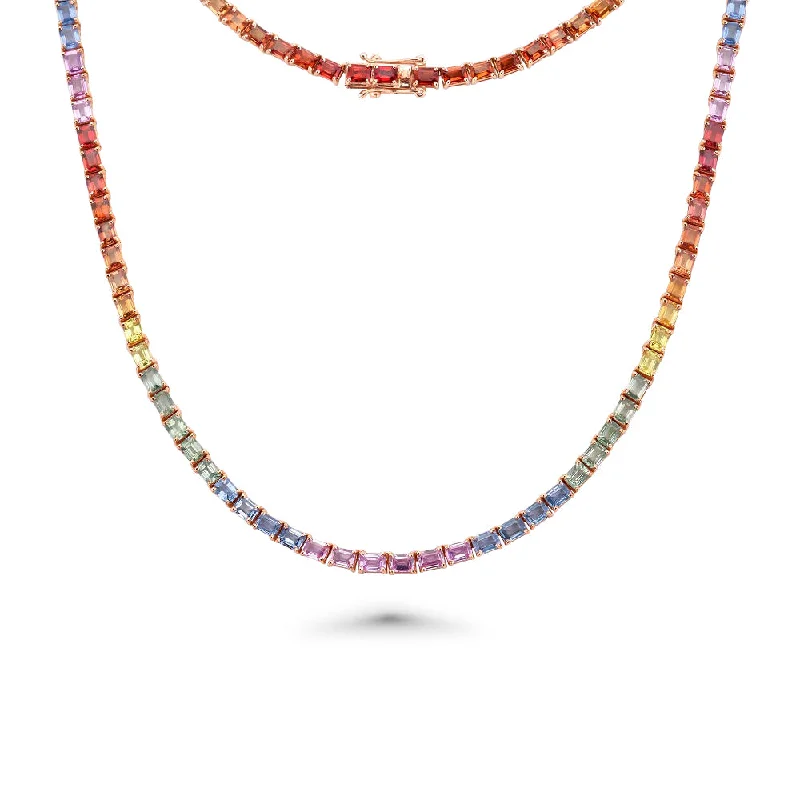 Women’s long chain necklaces-East West Rainbow Multi Color Sapphire Emerald Cut Tennis Necklace (25.00 ct.) 4-Prongs Setting in 14K Gold