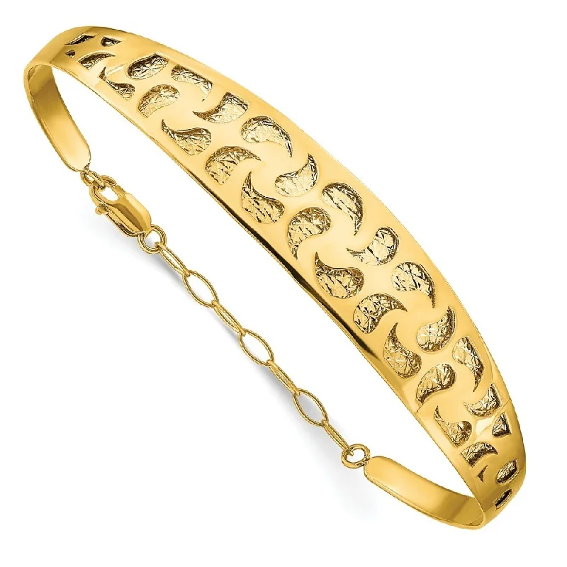 Women’s luxury gold bracelets-14k Yellow Gold 12mm Polished Diamond-Cut w/ Safety Chain Bracelet Bangle Bracelet