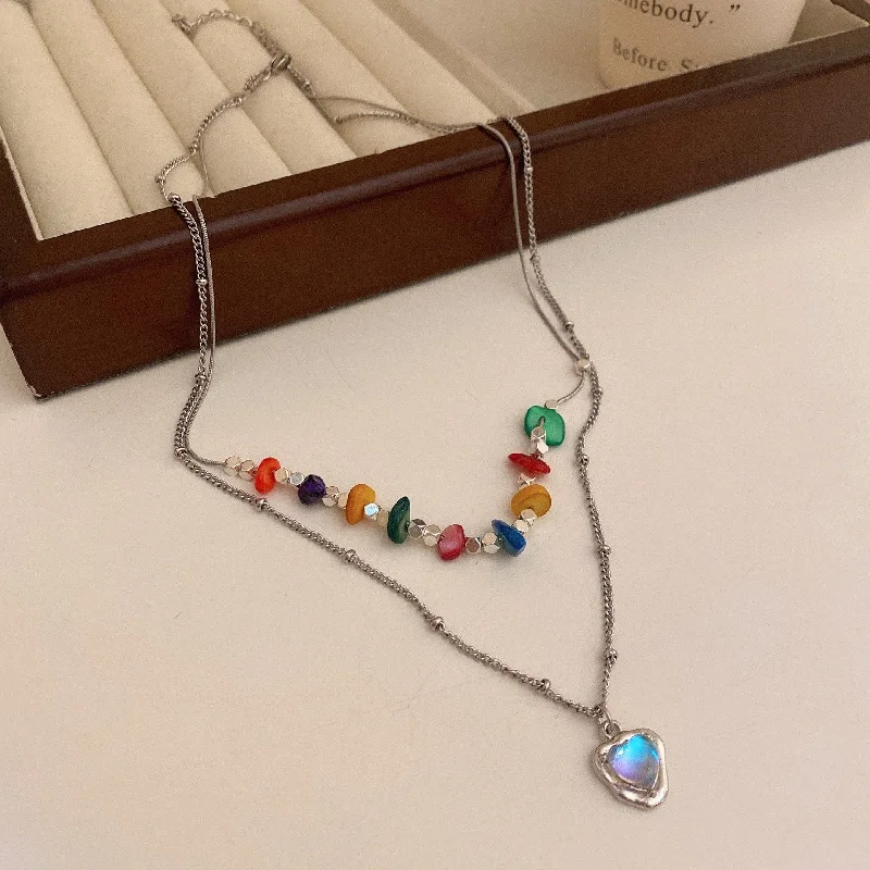 28 Color Stone Resin Heart-Shaped Double-Layer Necklace