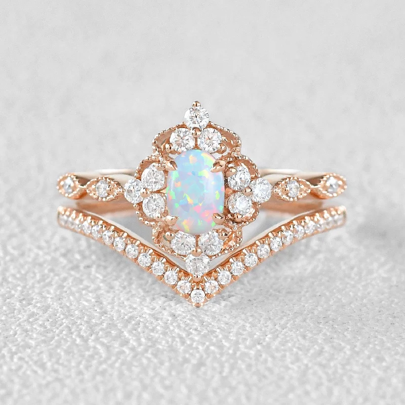 Women’s opal rings-Oval Lab Opal & Moissanite Vintage Inspired Ring Set 2pcs