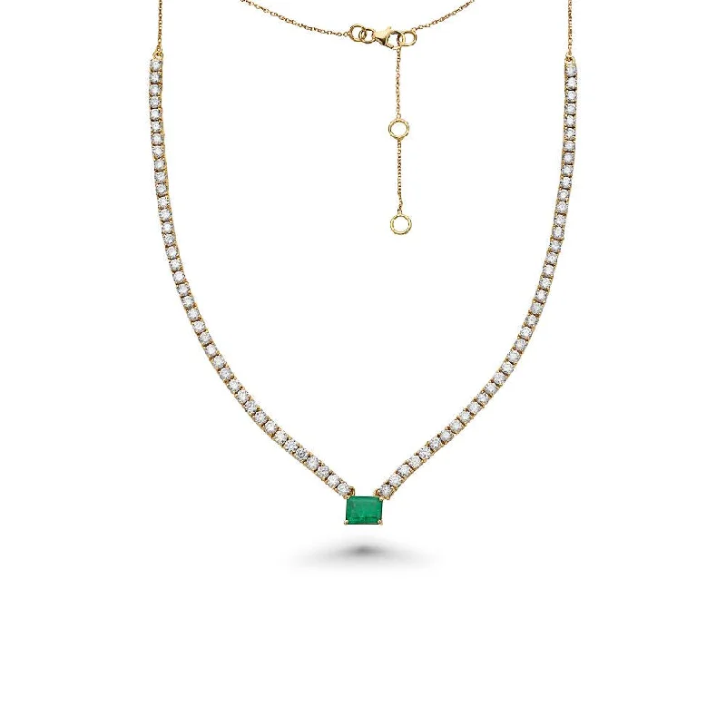 Women’s round pendant necklaces-HalfWay Diamond Tennis Necklace With Emerald Cut Emerald (7.50 ct.) 2 mm 4-Prongs Setting  in 14K Gold