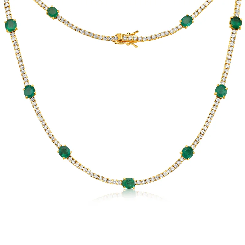 Women’s ruby necklaces-Diamond Tennis Necklace with Alternate Oval Cut Emeralds (6.50 ct.) 4-Prongs Setting in 14K Gold