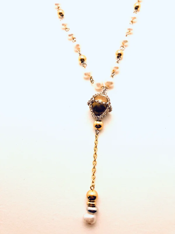 Women’s round pendant necklaces-Pearl Necklace with Cage Brass Sphere in Sterling Silver