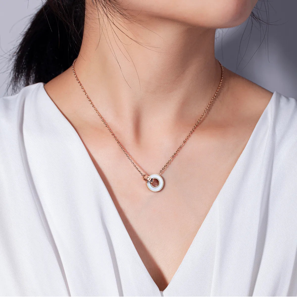 Women’s romantic heart necklaces-Stainless Steel Modern Style Simple Style Double Ring Plating Inlay Shell Zircon Necklace