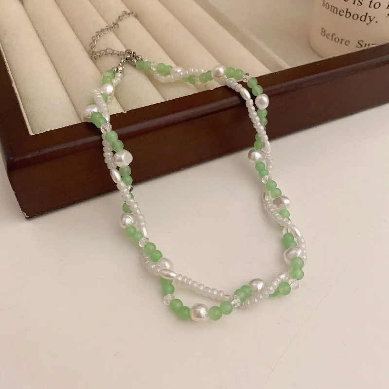 17 Green Pearl Crystal Double-Layer Necklace