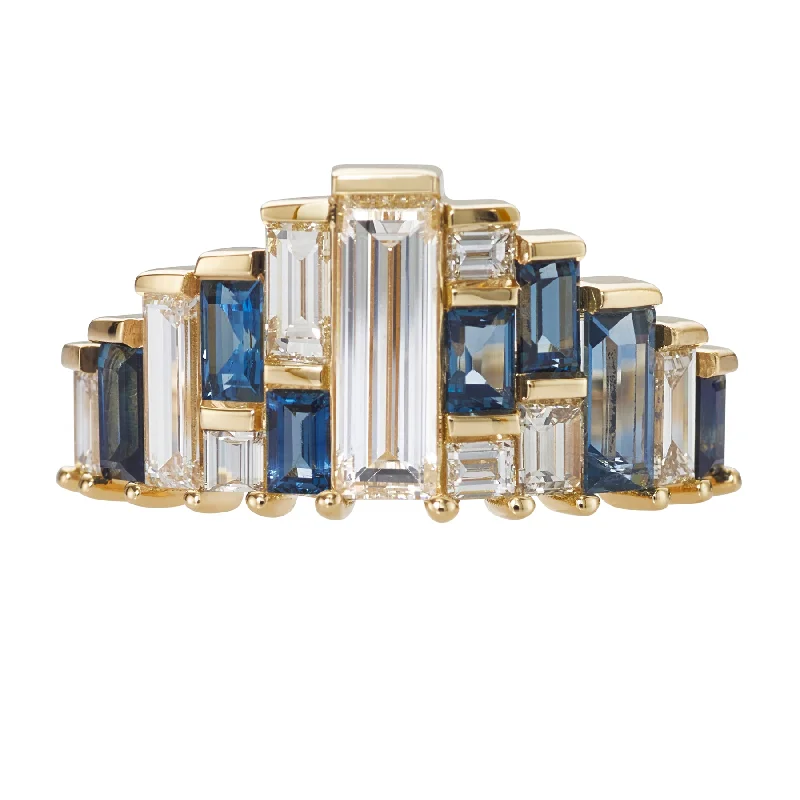 Women’s handmade gemstone rings-Baguette Cut Sapphire and Diamond Tiara Ring