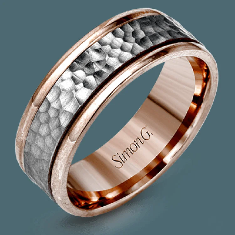 Women’s three-stone engagement rings-A hammered platinum center highlights the contemporary design of this men's two-tone wedding band, outlined with sleek rose gold rims.