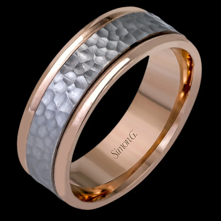 Women’s oval cut engagement rings-A hammered platinum center highlights the contemporary design of this men's two-tone wedding band, outlined with sleek rose gold rims.