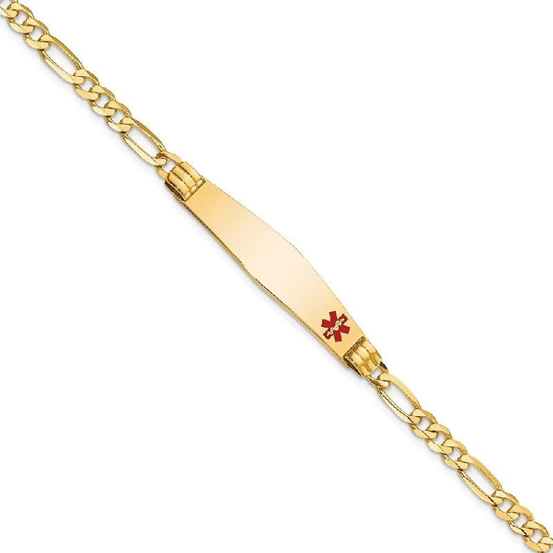 Women’s wedding cuff bracelets-14k Yellow Gold 9mm Medical Soft Diamond Shape Red Enamel Figaro ID Bracelet, 7"