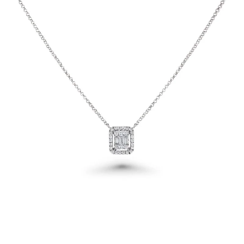 Women’s fancy gemstone necklaces-Double Halo Baguette Diamond Rectangular Shape Necklace (0.28 ct.) in 14K Gold